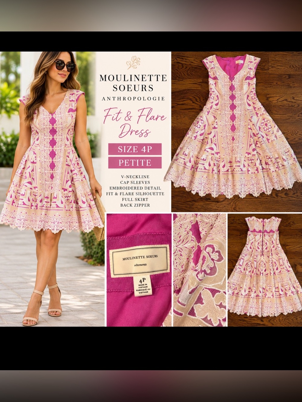 Moulinette Soeurs Anthropologie Pink Fit & Flare Dress Women’s 4P Petite